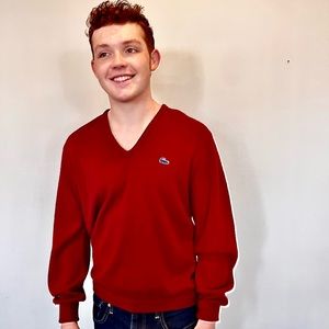 Vintage 1970s Mens Burgundy Izod VNeck Sweater-US L~Classic Preppy Sweater